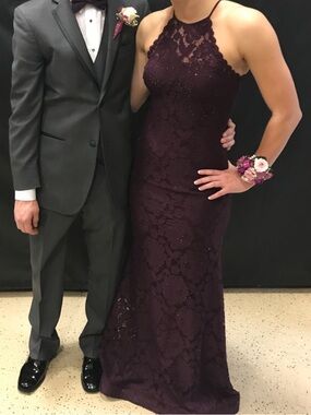 Betsy & Adam Plum Lace Halter Evening Gown